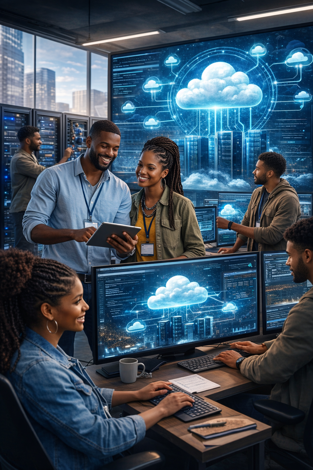 Diverse American IT team configuring cloud infrastructure